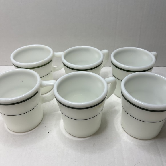 Set Of 6 Vintage PYREX Milk Glass Mugs Green Double Banded Coffee Cups Stripes - Picture 1 of 3